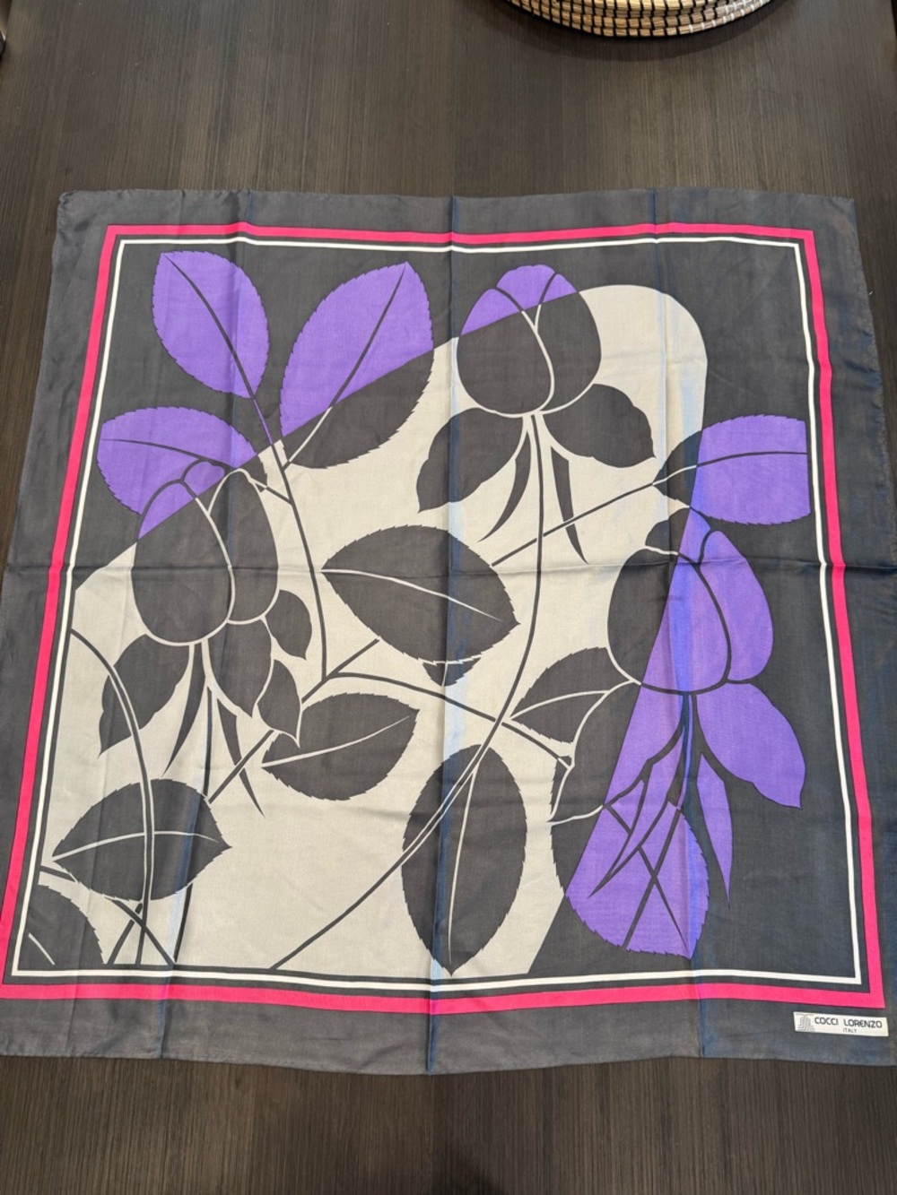Vintage Coco Lorenzo Floral Silk Square Scarf in Purple, Black & Cream